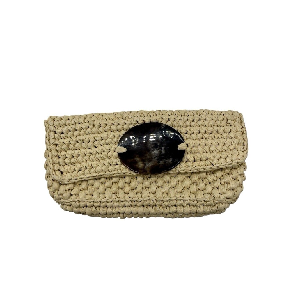 Vintage Woven Raffia Clutch Bag Natural Straw Stone Hardware EUC